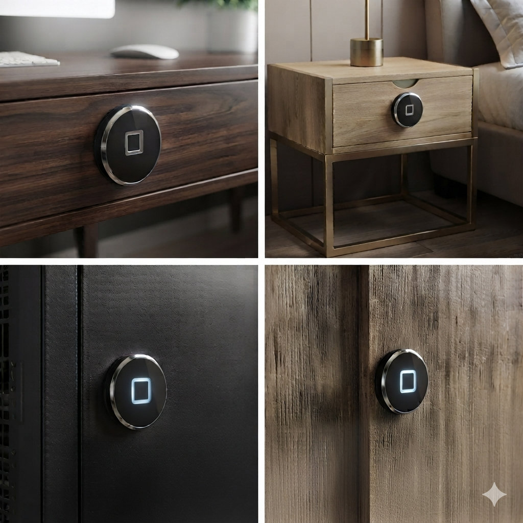 Furniture biometric fingerprint cabinet lock BIO-64RF installed on various modern cabinets and drawers